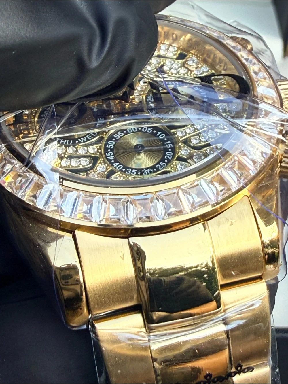 Men's Gold Mechanical Watch with Crystal Accent